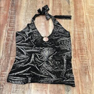 Pink Troop Black and Silver Tie-Neck Halter with Ring Accent